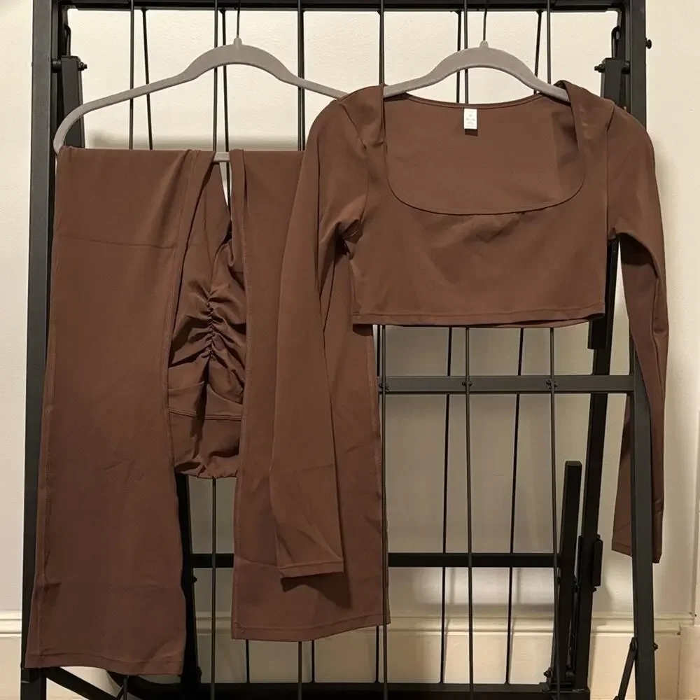 Tan Long Sleeve Crop Top and Leggings - Picture 2 of 7